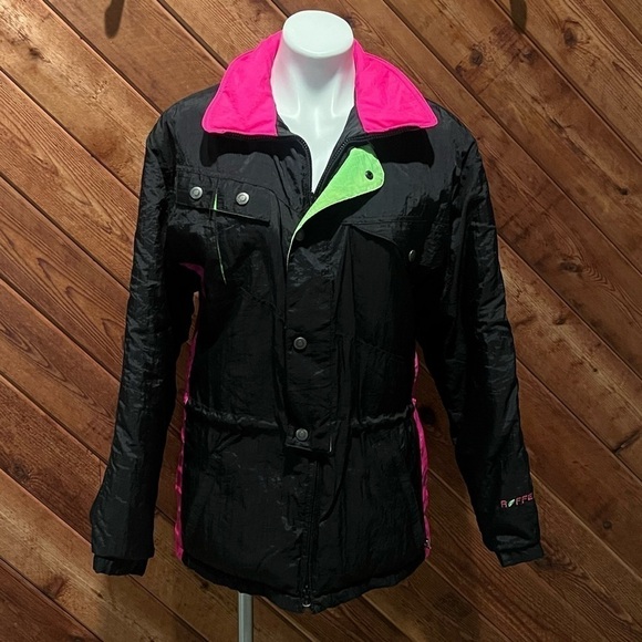 Roffe Men’s Super Charger Ski Jacket Vintage Black Neon Pink Green Small Zip Up - Picture 3 of 13